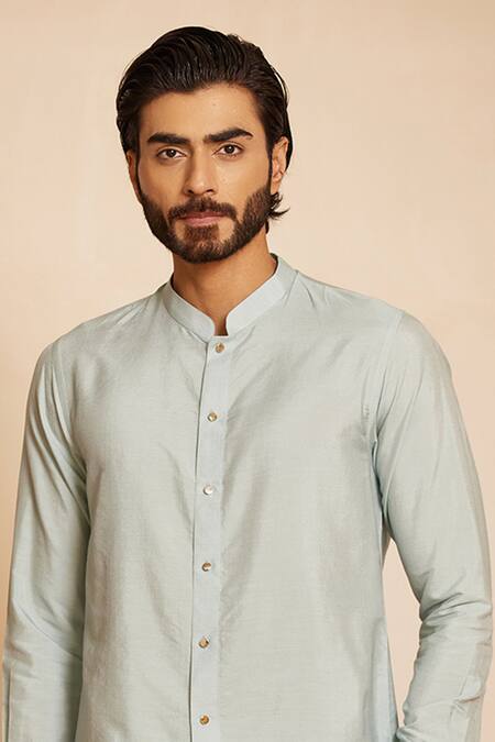 Buy_Shreyansh Designs_Blue Cotton, Silk Powder Solid Shirt Style Kurta Set _Online_at_Aza_Fashions