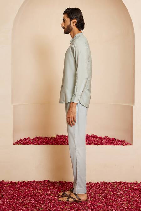 Shop_Shreyansh Designs_Blue Cotton, Silk Powder Solid Shirt Style Kurta Set _Online_at_Aza_Fashions