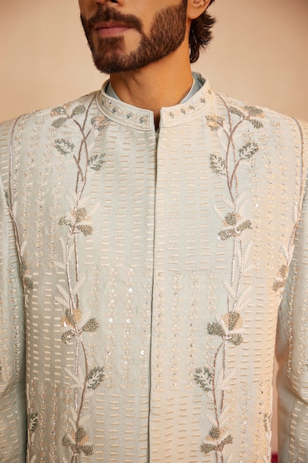 Shreyansh Designs_Blue Silk Pearls, Sequins Bloom Vine Embroidered Bandhgala And Pant Set _Online_at_Aza_Fashions