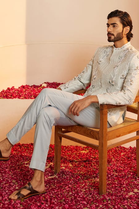 Buy_Shreyansh Designs_Blue Silk Pearls, Sequins Bloom Vine Embroidered Bandhgala And Pant Set _Online_at_Aza_Fashions