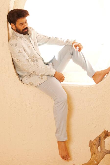 Shop_Shreyansh Designs_Blue Silk Pearls, Sequins Bloom Vine Embroidered Bandhgala And Pant Set _Online_at_Aza_Fashions