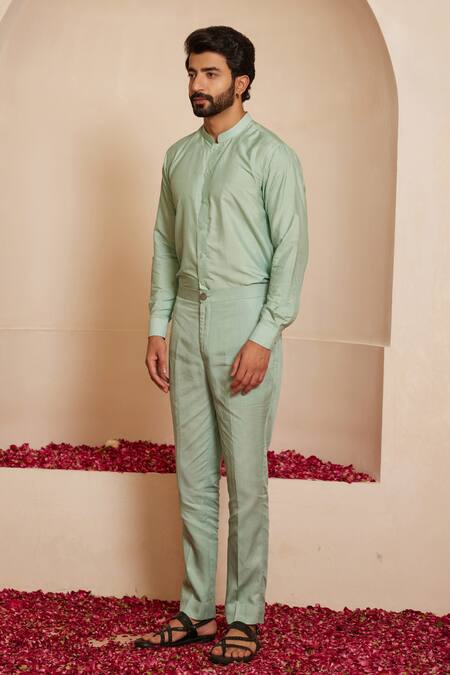 Buy_Shreyansh Designs_Blue Cotton, Silk Cyan Solid Shirt Style Kurta Set _Online_at_Aza_Fashions