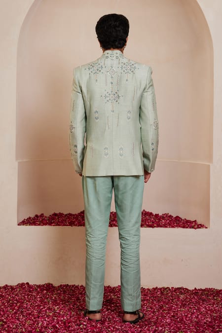 Shreyansh Designs Powder Blue Geometric Embroidered Bandhgala Set 