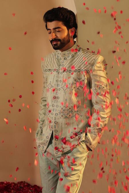 Shreyansh Designs_Blue Dupion Silk Embroidery Thread Powder Geometric Bandhgala Set _Online_at_Aza_Fashions