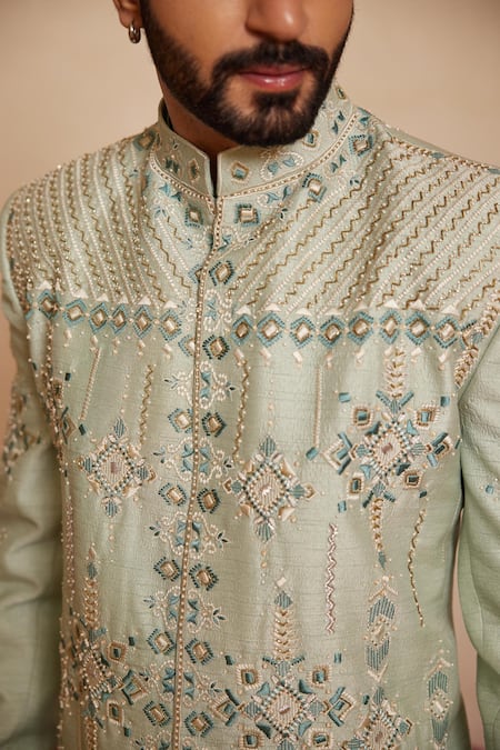 Buy_Shreyansh Designs_Blue Dupion Silk Embroidery Thread Powder Geometric Bandhgala Set _Online_at_Aza_Fashions