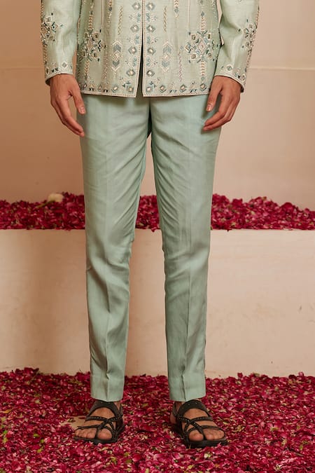 Shop_Shreyansh Designs_Blue Dupion Silk Embroidery Thread Powder Geometric Bandhgala Set _Online_at_Aza_Fashions