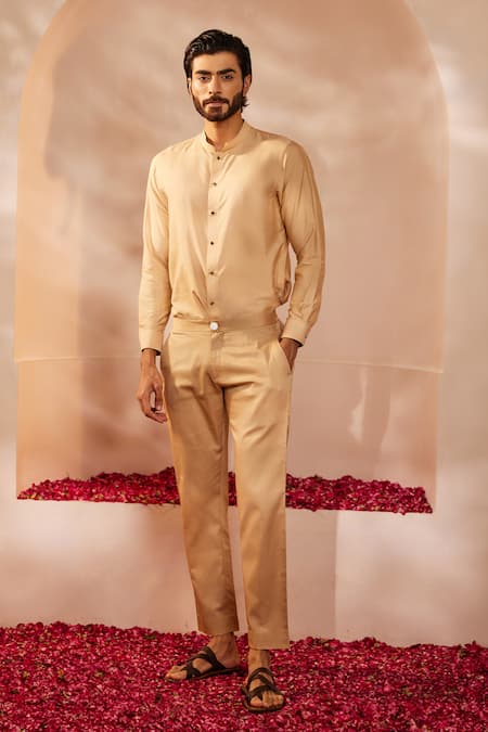 Shreyansh Designs Gold Solid Shirt Style Kurta Set 