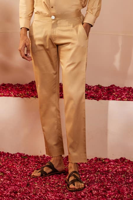 Shreyansh Designs_Gold Cotton, Silk Solid Shirt Style Kurta Set _Online_at_Aza_Fashions