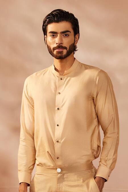 Buy_Shreyansh Designs_Gold Cotton, Silk Solid Shirt Style Kurta Set _Online_at_Aza_Fashions