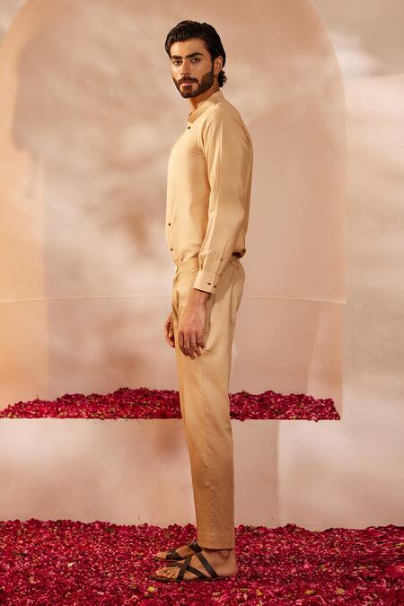 Shop_Shreyansh Designs_Gold Cotton, Silk Solid Shirt Style Kurta Set _Online_at_Aza_Fashions