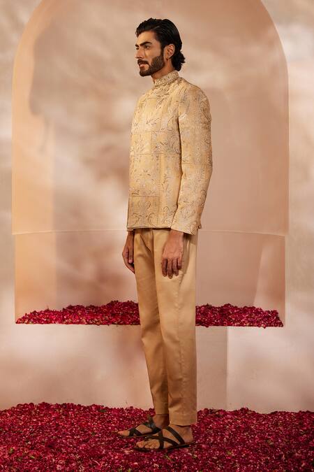 Buy_Shreyansh Designs_Gold Silk Cut Work Ambrosia Embroidered Bandhgala Set _Online_at_Aza_Fashions