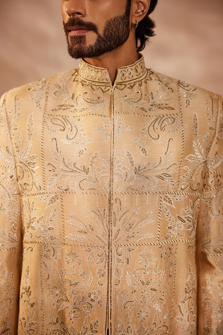 Shop_Shreyansh Designs_Gold Silk Cut Work Ambrosia Embroidered Bandhgala Set _Online_at_Aza_Fashions
