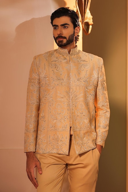 Shreyansh Designs_Gold Silk Cut Work Ambrosia Embroidered Bandhgala Set _at_Aza_Fashions