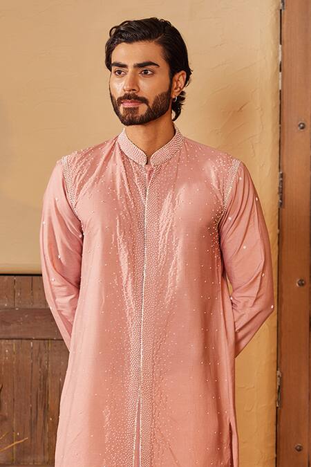 Shreyansh Designs_Pink Cotton, Silk Pearls, Sequins Embroidered And Kurta Set _Online_at_Aza_Fashions
