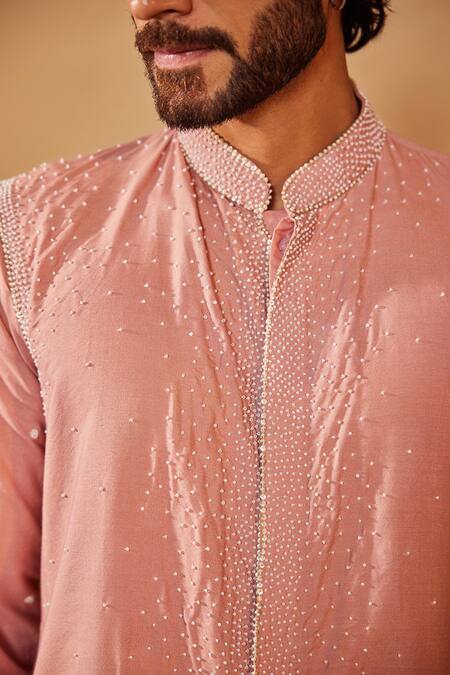 Shop_Shreyansh Designs_Pink Cotton, Silk Pearls, Sequins Embroidered And Kurta Set _Online_at_Aza_Fashions