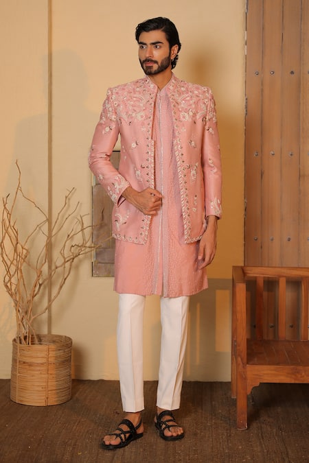 Shreyansh Designs Pink Dupion Silk Embroidery Dabka Floral Jacket And Kurta Set 