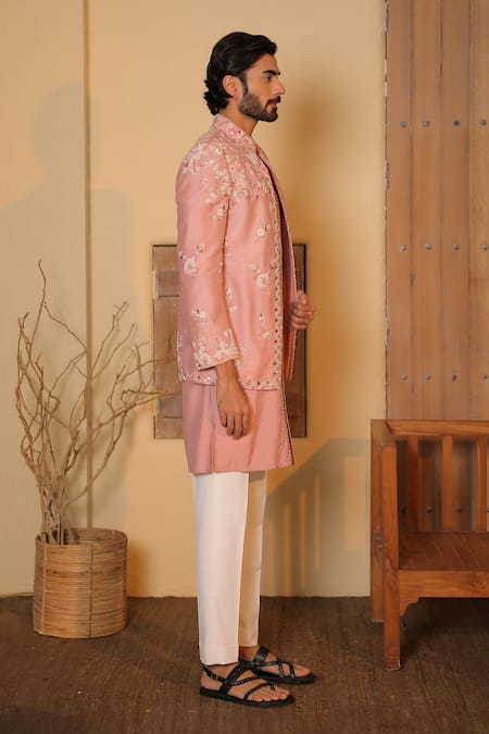 Buy_Shreyansh Designs_Pink Silk Pearls, Sequins, Diamonds Floral Embroidered Jacket And Kurta Set _Online_at_Aza_Fashions