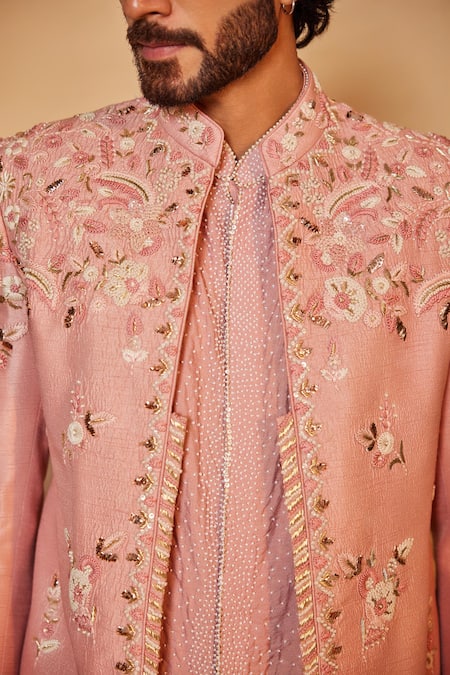 Shop_Shreyansh Designs_Pink Silk Pearls, Sequins, Diamonds Floral Embroidered Jacket And Kurta Set _Online_at_Aza_Fashions