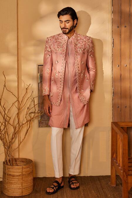 Shreyansh Designs_Pink Silk Pearls, Sequins, Diamonds Floral Embroidered Jacket And Kurta Set _at_Aza_Fashions