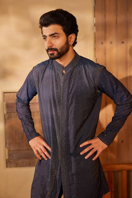 Buy_Shreyansh Designs_Blue Cotton, Silk Pearls, Sequins Midnight And Kurta Set _Online_at_Aza_Fashions