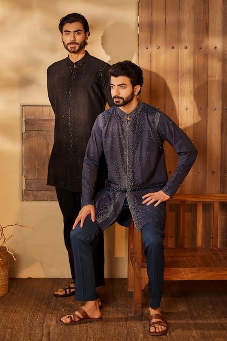 Shop_Shreyansh Designs_Blue Cotton, Silk Pearls, Sequins Midnight And Kurta Set _Online_at_Aza_Fashions