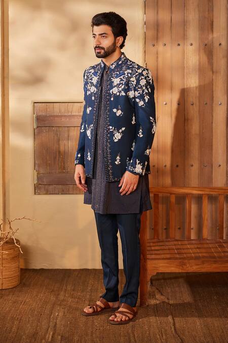Buy_Shreyansh Designs_Blue Silk Pearls, Sequins Bloom Embroidered Jacket And Kurta Set _Online_at_Aza_Fashions