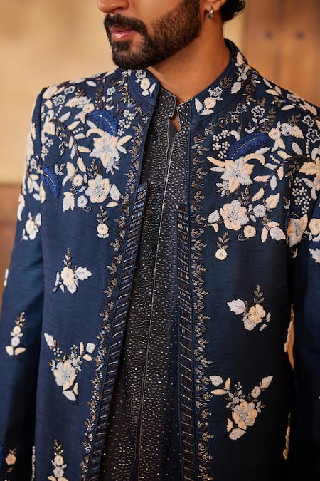 Shop_Shreyansh Designs_Blue Silk Pearls, Sequins Bloom Embroidered Jacket And Kurta Set _Online_at_Aza_Fashions