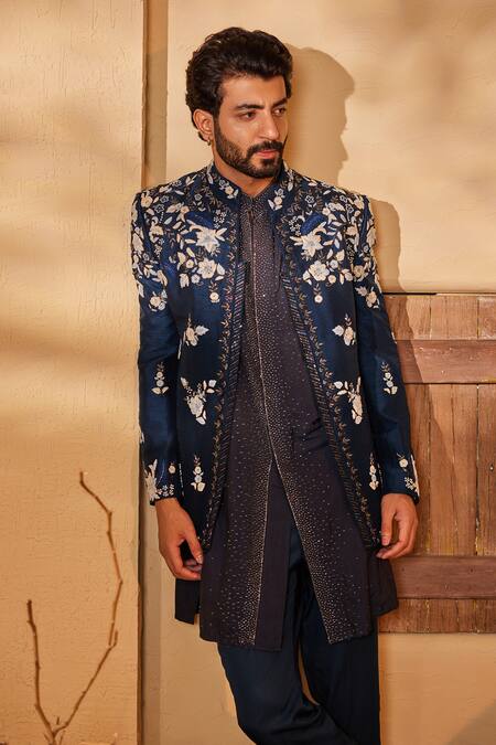 Shreyansh Designs_Blue Silk Pearls, Sequins Bloom Embroidered Jacket And Kurta Set _at_Aza_Fashions