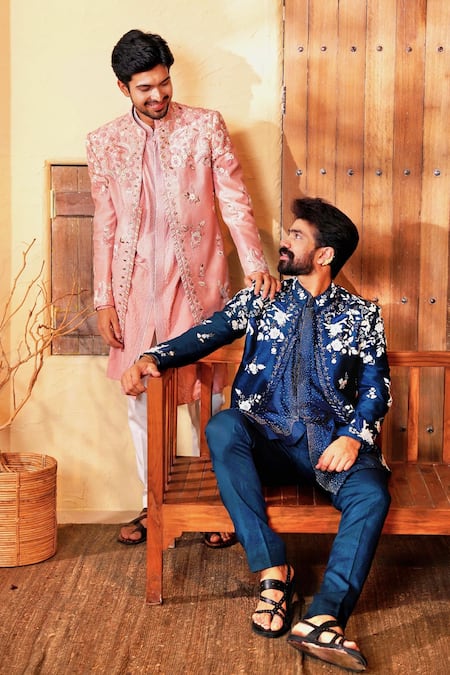 Buy_Shreyansh Designs_Blue Silk Pearls, Sequins Bloom Embroidered Jacket And Kurta Set 