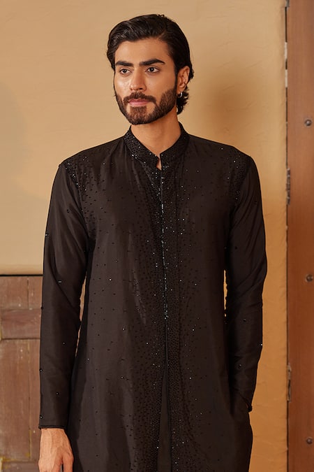 Shreyansh Designs_Black Cotton, Silk Cut Work Cutdana Embellished Kurta Set _Online_at_Aza_Fashions