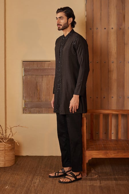 Shop_Shreyansh Designs_Black Cotton, Silk Cut Work Cutdana Embellished Kurta Set _Online_at_Aza_Fashions