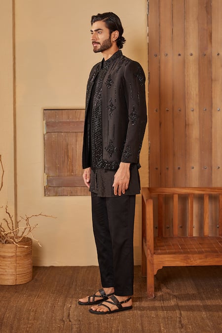 Shreyansh Designs_Black Silk Cut Work Florin Embroidered Jacket And Kurta Set _Online_at_Aza_Fashions