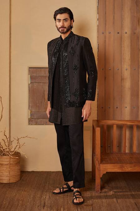 Shop_Shreyansh Designs_Black Silk Cut Work Florin Embroidered Jacket And Kurta Set _Online_at_Aza_Fashions