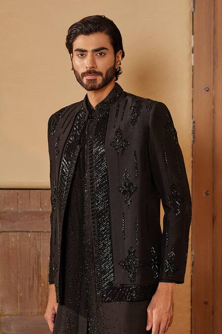 Shreyansh Designs_Black Silk Cut Work Florin Embroidered Jacket And Kurta Set _at_Aza_Fashions