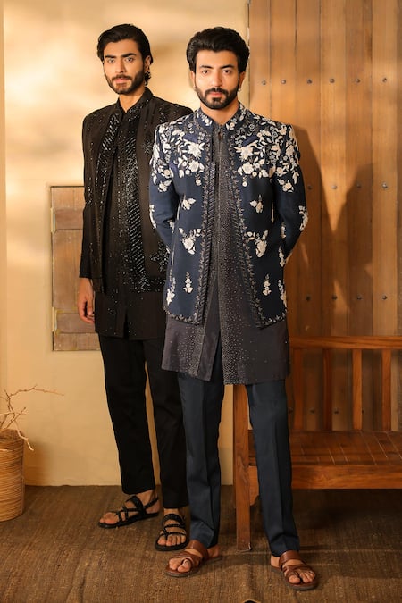 Buy_Shreyansh Designs_Black Silk Cut Work Florin Embroidered Jacket And Kurta Set 