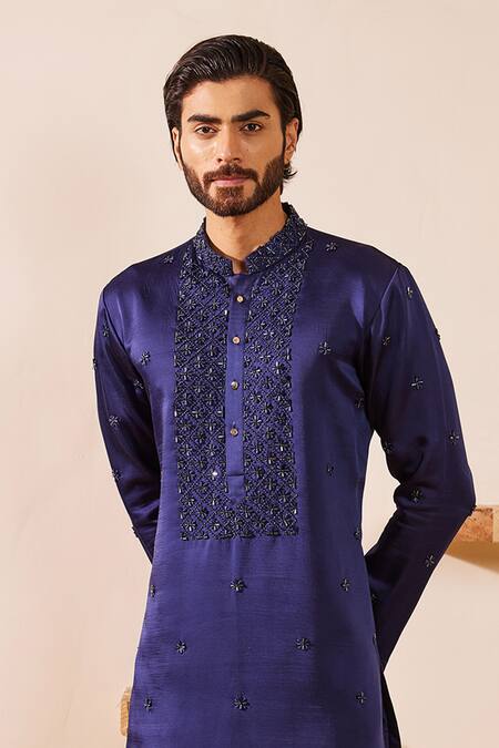 Shreyansh Designs_Blue Silk Embroidery Midnight Nalki Kurta Set _Online_at_Aza_Fashions