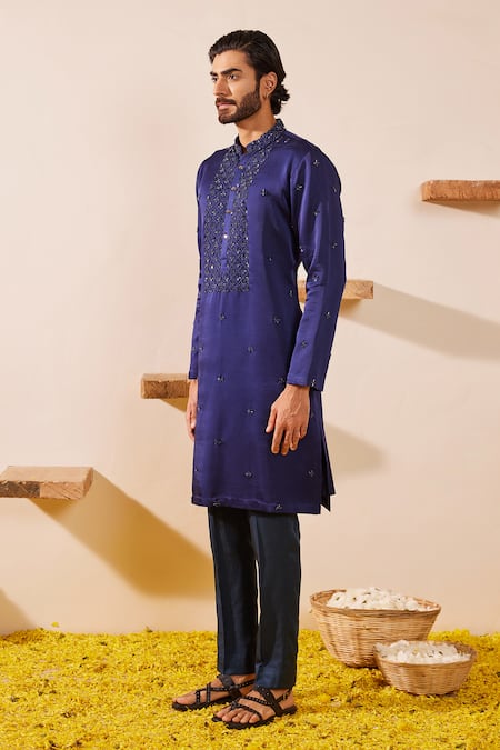 Shop_Shreyansh Designs_Blue Silk Embroidery Midnight Nalki Kurta Set _Online_at_Aza_Fashions