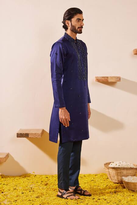 Shop_Shreyansh Designs_Blue Dupion Silk Embroidery Nalki Geometric Bundi Kurta Set _Online_at_Aza_Fashions