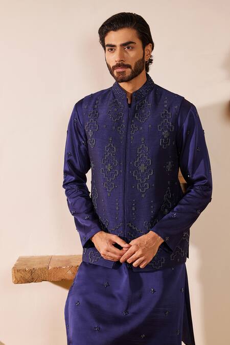 Shreyansh Designs_Blue Dupion Silk Embroidery Nalki Geometric Bundi Kurta Set _at_Aza_Fashions