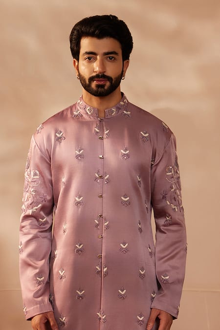 Shreyansh Designs_Purple Silk Cut Work, Embroidery Lilac Cutdana Kurta Set _Online_at_Aza_Fashions