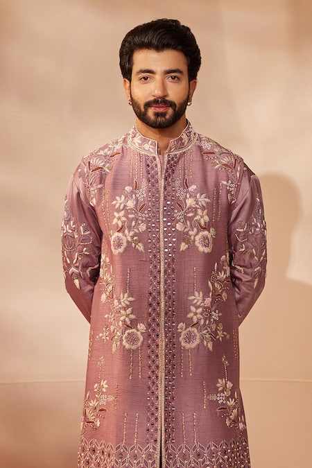 Shreyansh Designs_Purple Dupion Silk Embroidery Thread Gardenia Bundi Kurta Set _Online_at_Aza_Fashions