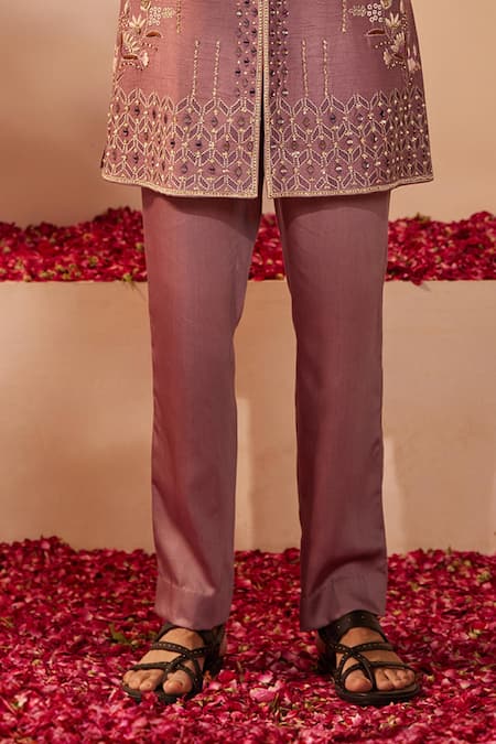 Buy_Shreyansh Designs_Purple Dupion Silk Embroidery Thread Gardenia Bundi Kurta Set _Online_at_Aza_Fashions