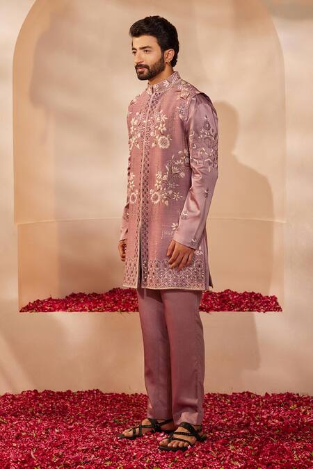 Shop_Shreyansh Designs_Purple Dupion Silk Embroidery Thread Gardenia Bundi Kurta Set _Online_at_Aza_Fashions