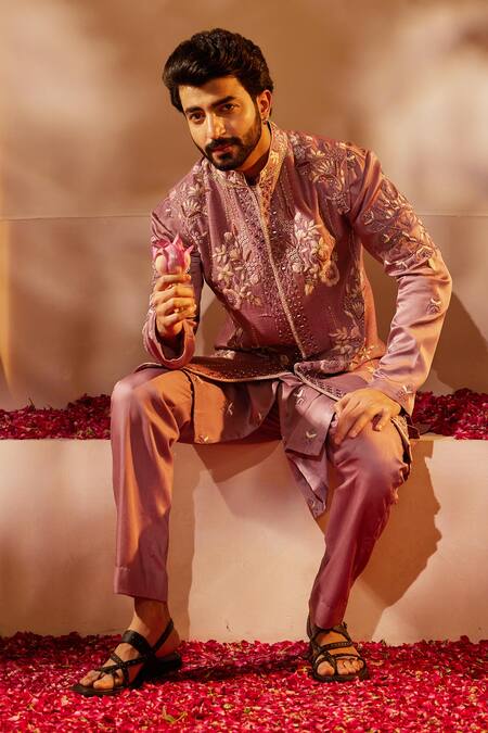 Shreyansh Designs_Purple Dupion Silk Embroidery Thread Gardenia Bundi Kurta Set _at_Aza_Fashions