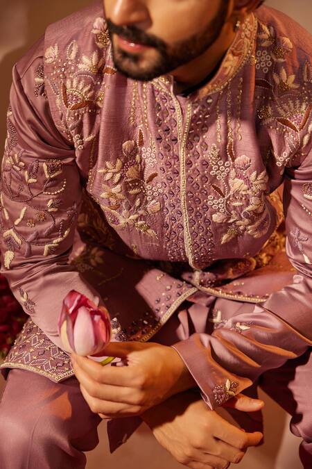 Buy_Shreyansh Designs_Purple Dupion Silk Embroidery Thread Gardenia Bundi Kurta Set 