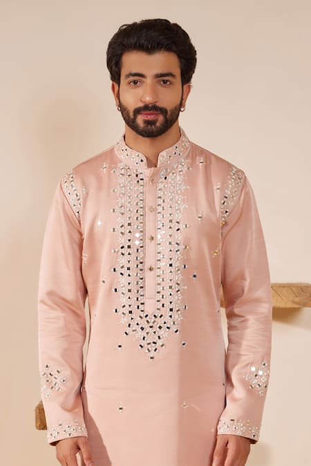 Buy_Shreyansh Designs_Pink Silk Mirrors, Embroidery Bloom Kurta Set _Online_at_Aza_Fashions