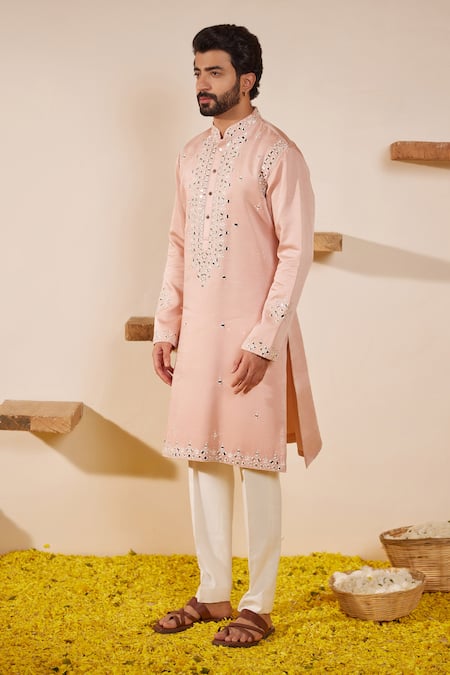 Shop_Shreyansh Designs_Pink Silk Mirrors, Embroidery Bloom Kurta Set _Online_at_Aza_Fashions