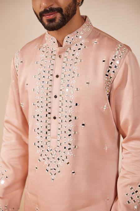 Shreyansh Designs_Pink Silk Mirrors, Embroidery Bloom Kurta Set _at_Aza_Fashions