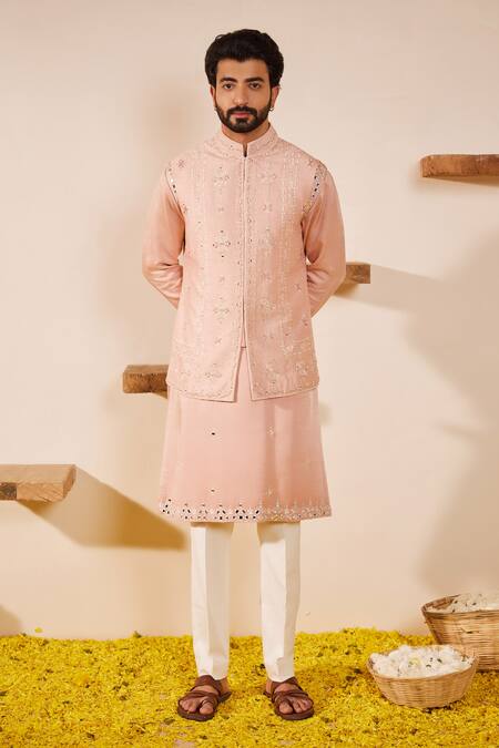 Shreyansh Designs_Pink Dupion Silk Embroidery Mirror Garden Bloom Bundi Kurta Set _Online_at_Aza_Fashions