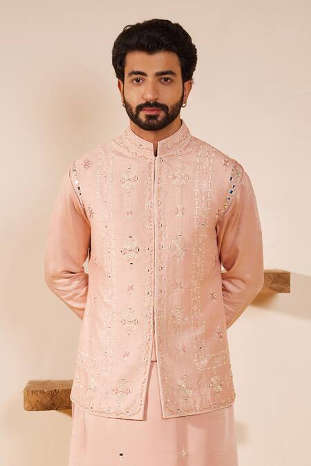 Buy_Shreyansh Designs_Pink Dupion Silk Embroidery Mirror Garden Bloom Bundi Kurta Set _Online_at_Aza_Fashions